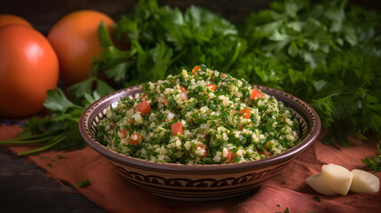 Fototapeta na wymiar Tabbouleh salad, Levantine vegetarian salad with parsley, mint, bulgur, and tomato, healthy dish mixes tabbouleh and Greek style salads, side view with cooking background