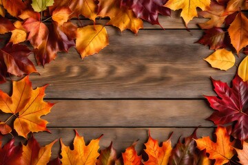 Naklejka na ściany i meble Fall leaves border on light wooden surface