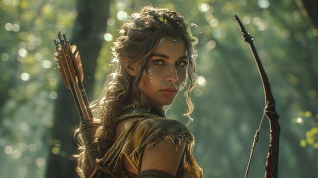 A model of 6-foot tall. young Warrior female, bipedal and armed with weapons, wearing custom armor, dynamic warrior pose, set in a whimsical forest environment