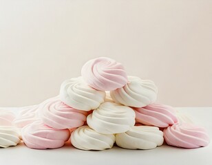 Pastel watercolour background with pile of pink and white gummy marshmallow candies. 