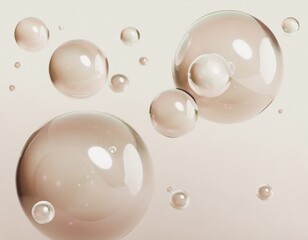 Pastel watercolour background with shiny&nbsp; pearly beige and golden glass balls and bubbles. 
