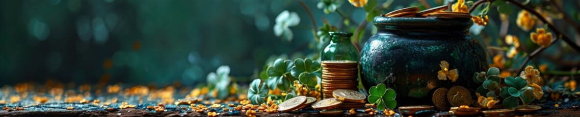 St. Patrick's Day, leprechaun treasure pot full of gold coins and shamrocks on festive green background, banner, minimalism