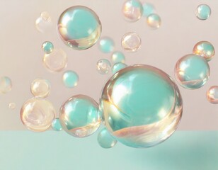 Pastel watercolour background with shiny  pearly glass balls and bubbles. 