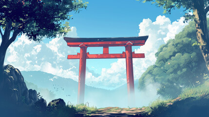 Torii Japanese Gate, Torii Forest Background, Concept Art, Digital Illustration, Anime Style