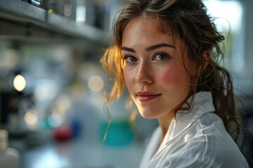 A skilled woman scientific researcher, adorned in a white lab coat, passionately conducts experiments in a cutting-edge laboratory. 