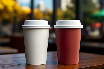 Single Wall Paper Large Coffee Cup Mockup - Two Floating Cups. 3D Illustration , blank levels