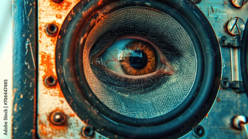 Aufkleber a close up view of a person's eye in a machine. this image can be used to depict futuristic technolo
