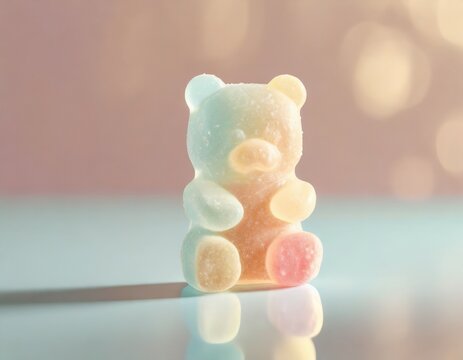 Pastel watercolour background with a colorful gummy bear and its reflection in the glass surface. 