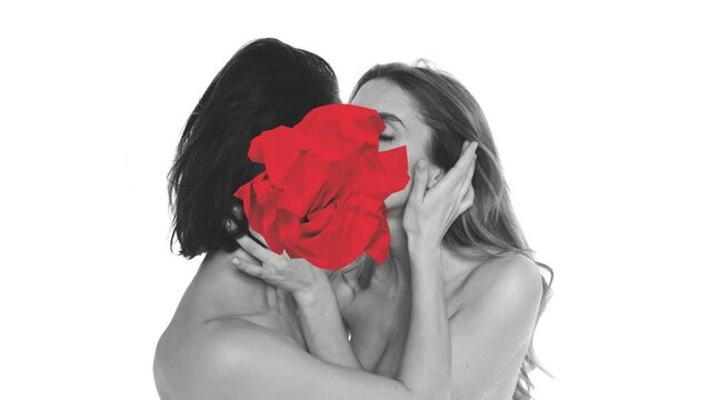 Passionate women, lesbian couple kissing behind papercut heart. Stop motion, animation. Valentine's Day, holiday, love, February 14th concept. Template for ads, postcard, invitation, poster