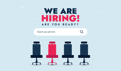 We are hiring. We're hiring Facebook cover banner with empty office chairs ready to be equipped having a vacant sign. Job recruitment cover banner in sky blue colour. Recruitment process concept - obrazy, fototapety, plakaty
