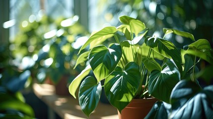 Several pots of lush heart leaf philodendron in a bright room. Generative AI.