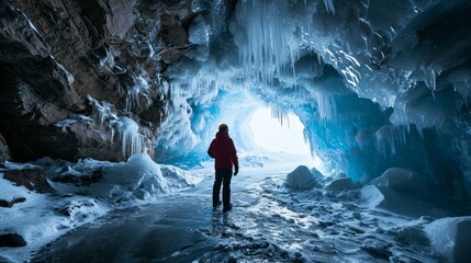 solo male traveller tourist wearing winter coat with standing at the opening of an ice cave travel concept - Powered by Adobe