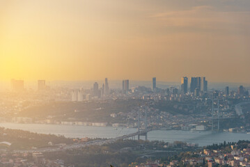 Istanbul Bosphorus Bridge at sunset and evening lights with colorful clouds in the sky