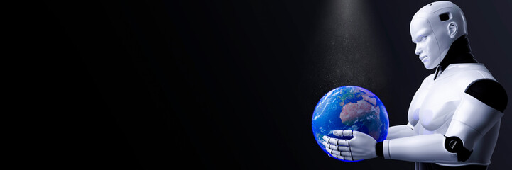 Conceptual AI robot technology holding the planet earth caring and protecting it 3d render