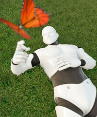 AI Robot in a grass field gently helping a butterfly showing a positive conceptual connection between technology and nature 3d render