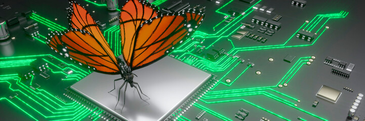Conceptual butterfly resting on a modern AI circuit board showing a positive nature and technology working together 3d render
