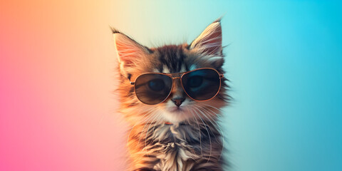 Portrait, of a beautiful, Maine coon, cat, wearing, sunglasses, on a, colorful, background,  Generative AI, Pro Photo
