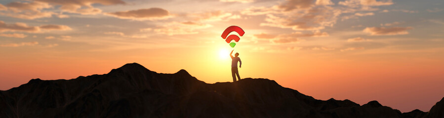 Man on a mountain top with poor weak wifi signal concept 3d render - obrazy, fototapety, plakaty