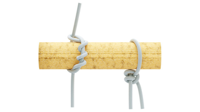 rope string with timber hitch and two half hitch knot around wooden stick 3D rendering