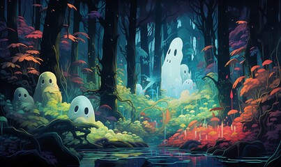 A hungry ghost Japanese forest chibli friendly warm funny colourful backdrop anime style, Generative Ai

