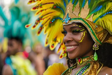 Foto auf Acrylglas Rio de Janeiro A portrayal of a young woman adorned in a vibrant carnival costume, captured at a festive masquerade