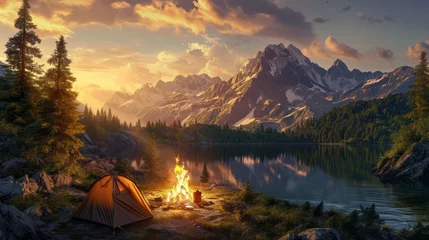 Poster Im Rahmen A family camping by a picturesque lake, roasting marshmallows over a crackling campfire as the sun sets behind the mountains --ar 16:9 --v 6 Job ID: c9d70c5b-ed2e-4312-9de9-26c372b3b873 © Artem