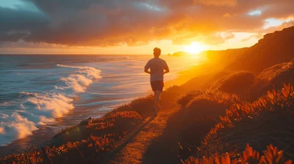 Keuken spatwand met foto A jogger running along a coastal trail, with crashing waves and a vibrant sunset casting a golden glow over the horizon --ar 16:9 --v 6 Job ID: 3b41c6d3-1569-470c-baa2-9a190b4f5800 © Artem