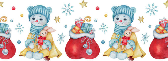 Watercolor Christmas seamless border with snowman, Santa's bag, gift boxes, snowflakes and stars. Winter watercolor illustration.
