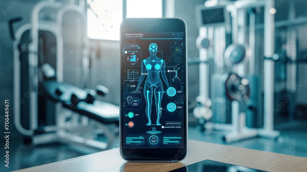 Aufkleber ai-driven mobile health app on smartphone, with icons and graphics representing health metrics and a