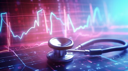 Artificial intelligence AI in Healthcare. Integration of AI in diagnostics and personalized medicine. Digital stethoscope with AI circuitry and data lines, set against a backdrop of heart rhythm ECG