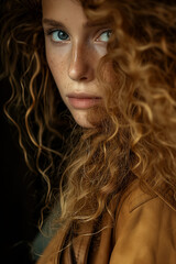 Close-up portrait of a beautiful woman. Red curly hair, blue eyes, freckles.