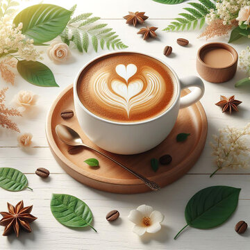 coffee in a cup and have heart-shaped latte art with a beautiful leaf-shaped saucer Hyper realistic  white background