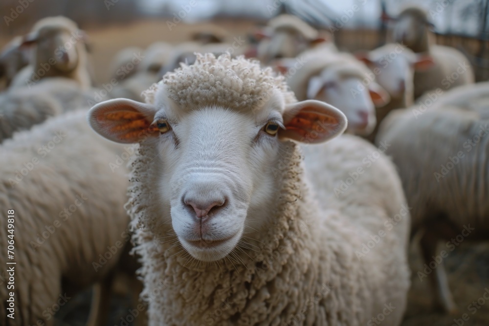 Poster a group of sheep standing closely together. perfect for illustrating unity and teamwork.