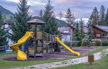 View of houses and mountains in the Dolomites Italy