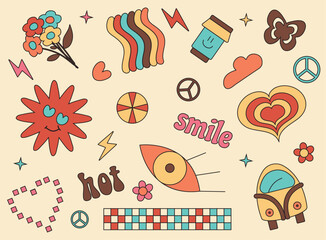 Stickers pack in y2k car, eye, sun, flowers, cup, butterfly with brown, yellow, orange, pink colors set on pale orange background for stickers, wallpapers, greeting cards, icons, packaging, fabrics