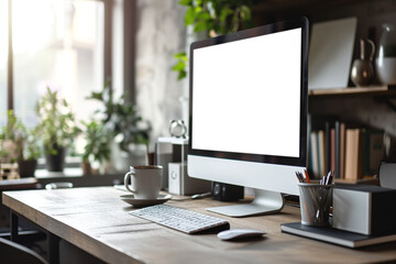 Blank screen computer on modern office desk, Blank screen for product display, Mock up, Ai generated.