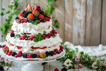 Meringue wedding cake with forest fruits, copy space.