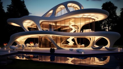 3D render of a futuristic building at night with lights and reflections
