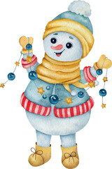 Cute watercolor snowman in scarf and hat with Christmas garland. Cute winter illustration.
