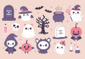 Happy Halloween cute set, pumpkin head, skeleton, ghost, bat and more