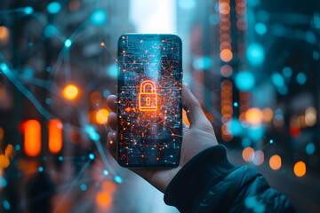Cyber security concept - hand holds phone with lock icon on the screen, neural network, bokeh background