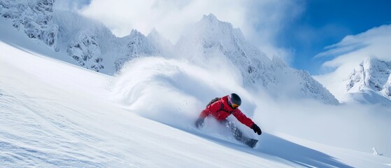 A snowboarder carving fresh powder on a majestic snow-covered mountain