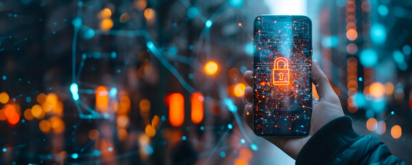 Cyber security concept - hand holds phone with lock icon on the screen, neural network, bokeh background - obrazy, fototapety, plakaty