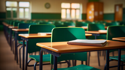 A classroom setting with a blurred background and an empty student desk arrangement,