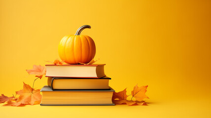 Autumn books. Halloween books. A stack of books and pumpkins on a bright yellow background