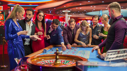 Gathering of Wealthy Young Individuals, Standing Together Around a Roulette Table in a Contemporary...