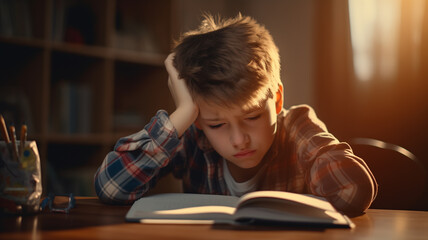 Sad tired schoolboy doing homework. Little child struggling with his assignment