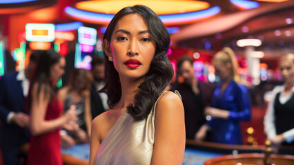 In a Modern Casino Building: Gorgeous Asian Woman Posing Confidently, Looking at Camera, Wearing a...
