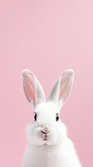 Close-up portrait of a white fluffy rabbit looking at the camera on a pastel pink background with a space to copy. Easter, holiday, animals, spring concepts.