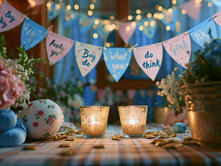 The Baby Boy Or Girl Banner, A Table With Candles And Flags